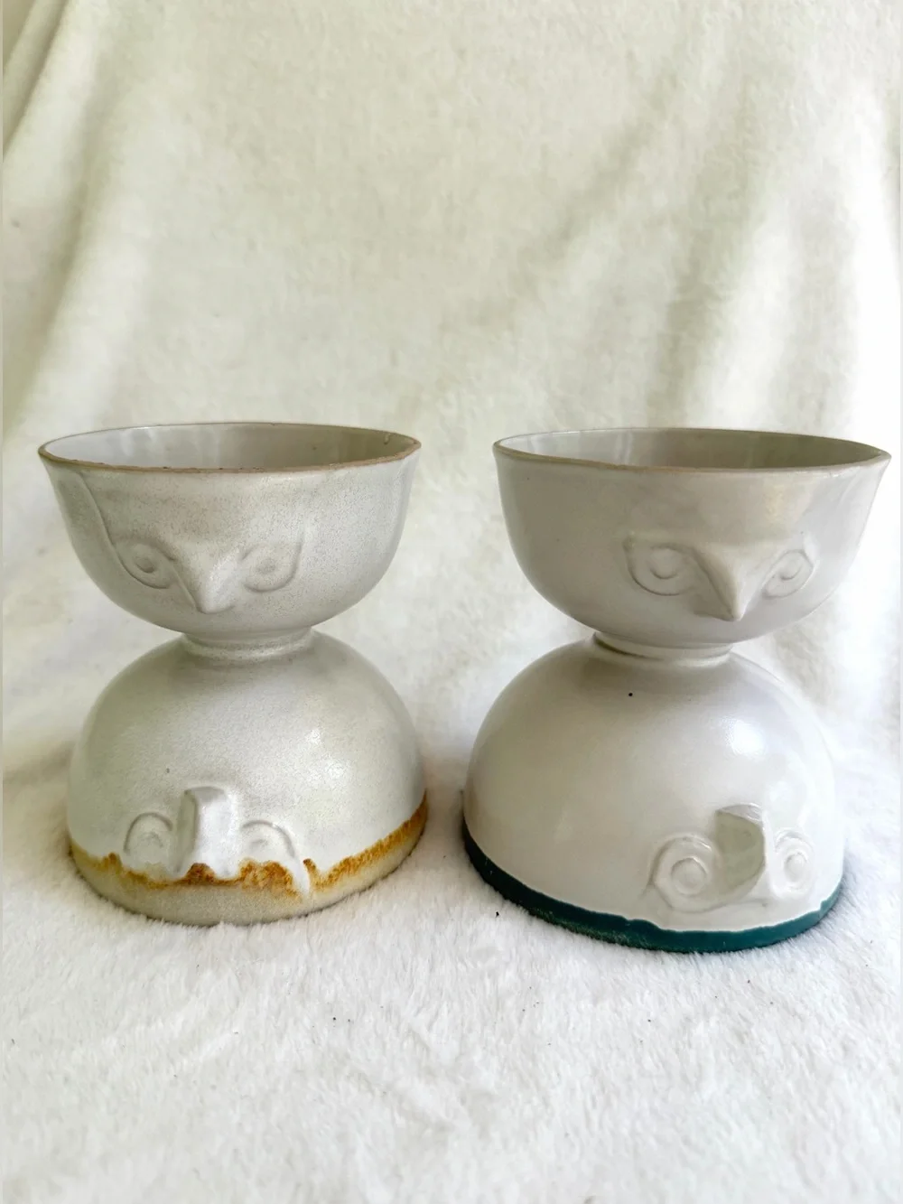 2 Vintage MCM Design Danish Ceramic Owl Faces Double Pedestal Bowls RARE